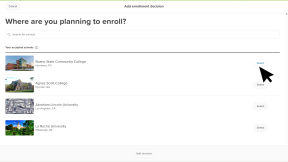 A student's "Add enrollment page" in Xello. The cursor is clicking "Select" next to a college 